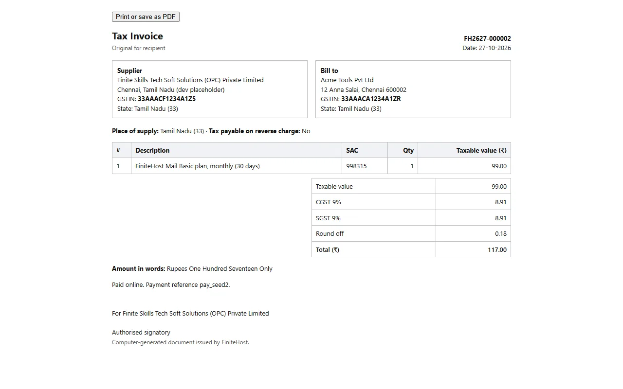 A FiniteHost GST tax invoice