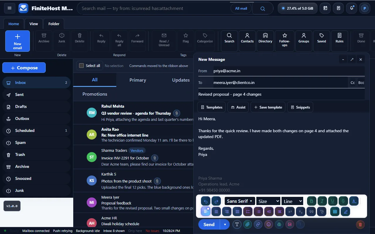 The compose window with From, To, Subject, the Templates and Snippets bar, the message, and the formatting toolbar open
