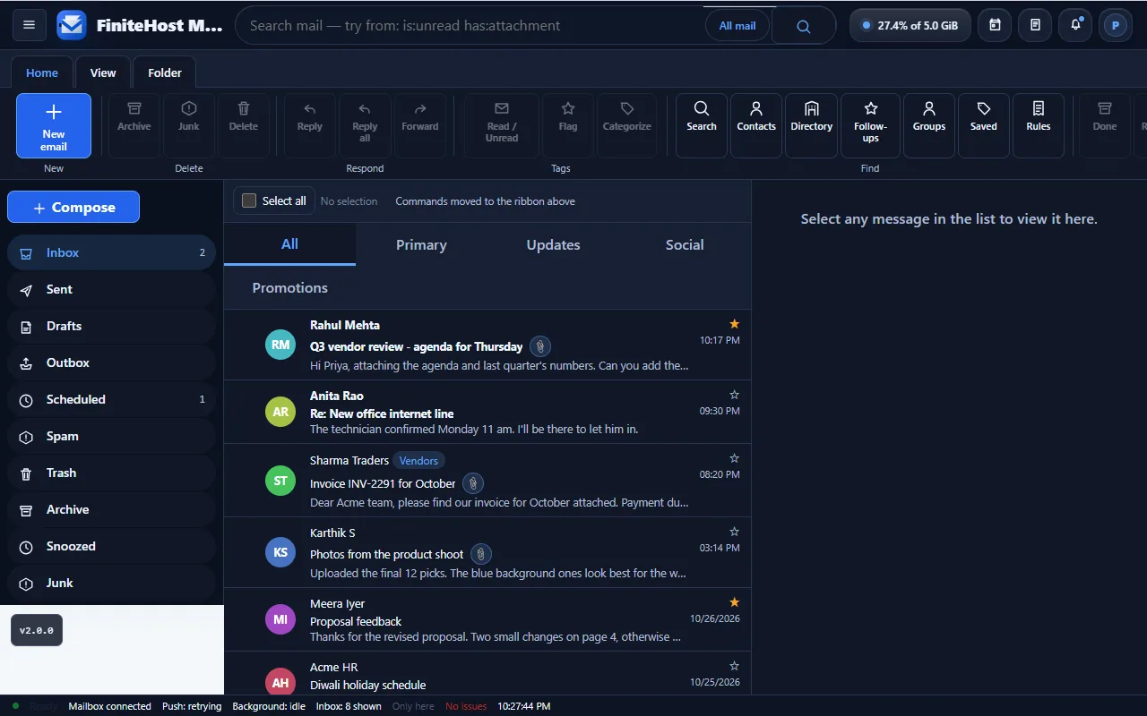 FiniteHost Mail with the ribbon at the top, folders on the left, the message list with category tabs, and the reading pane