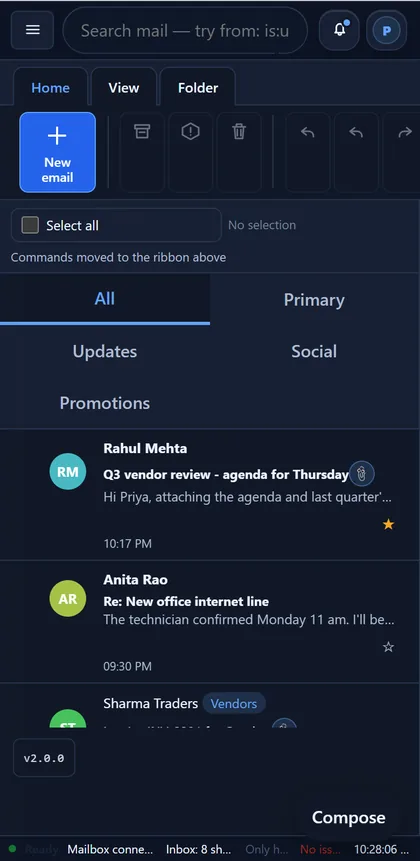 FiniteHost Mail on a phone screen with the ribbon, category tabs, message list and a Compose button