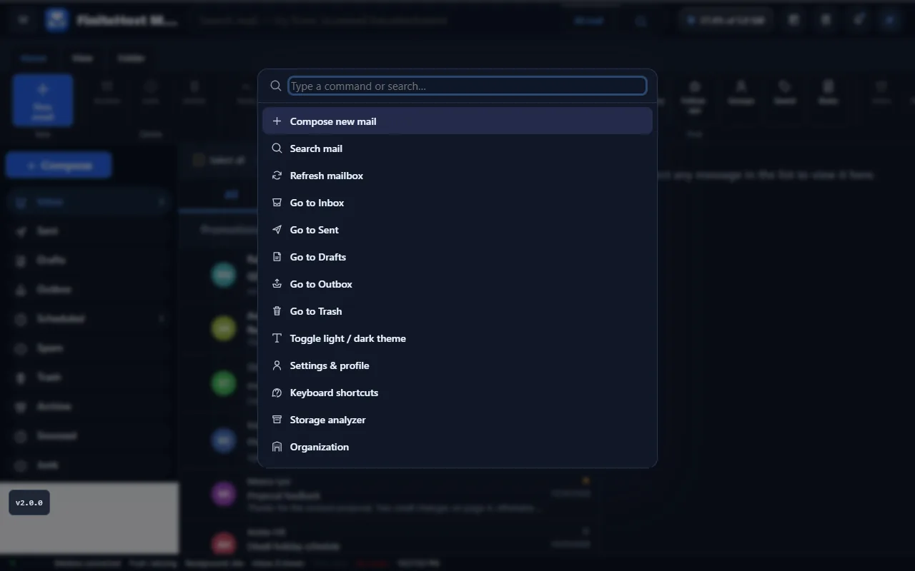 The command palette listing Compose new mail, Search mail, Go to Inbox and other commands