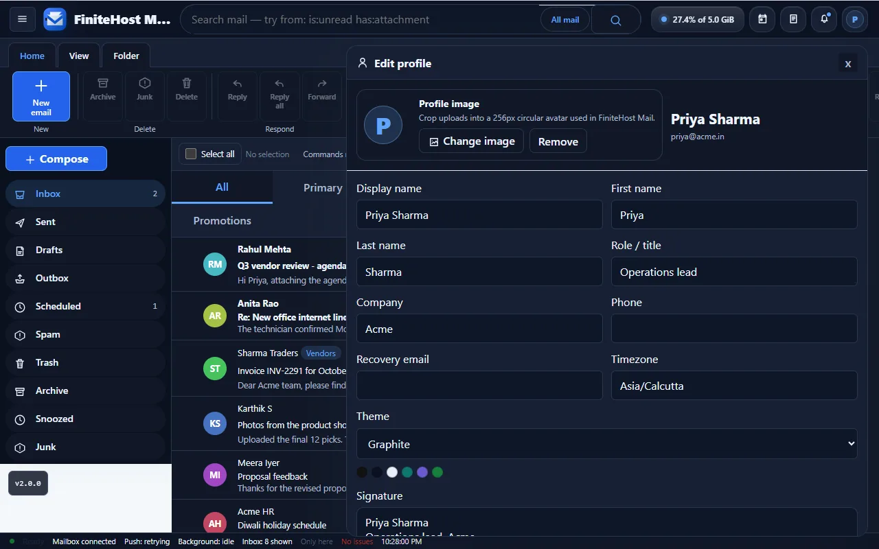 The Edit profile panel with photo, display name, company, theme and signature fields