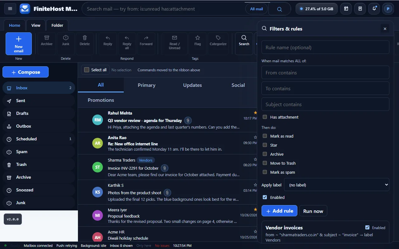 The Filters and rules panel with condition fields, actions and an existing rule named Vendor invoices