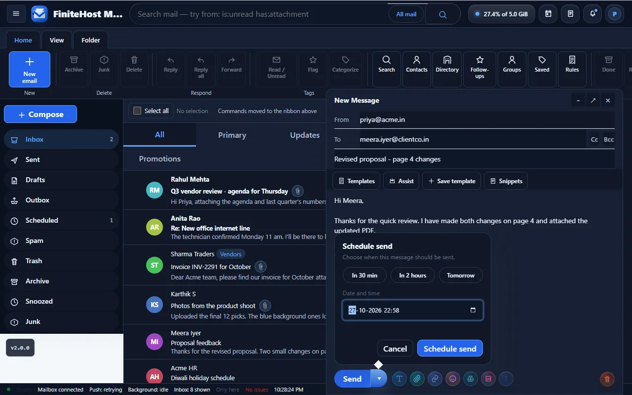 Schedule send panel with In 30 min, In 2 hours and Tomorrow buttons and a date and time field