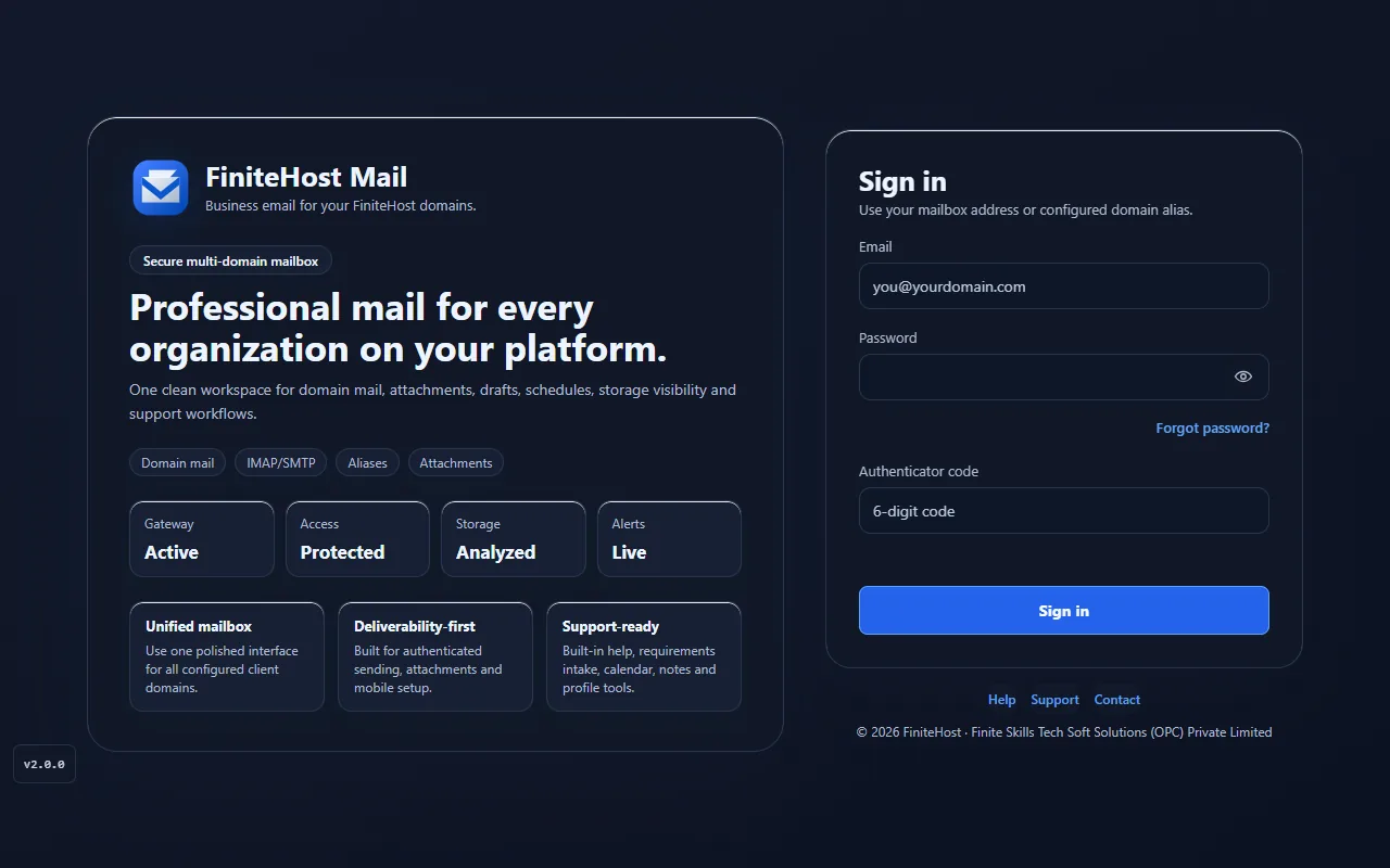 The FiniteHost Mail sign-in page with Email, Password and Authenticator code fields