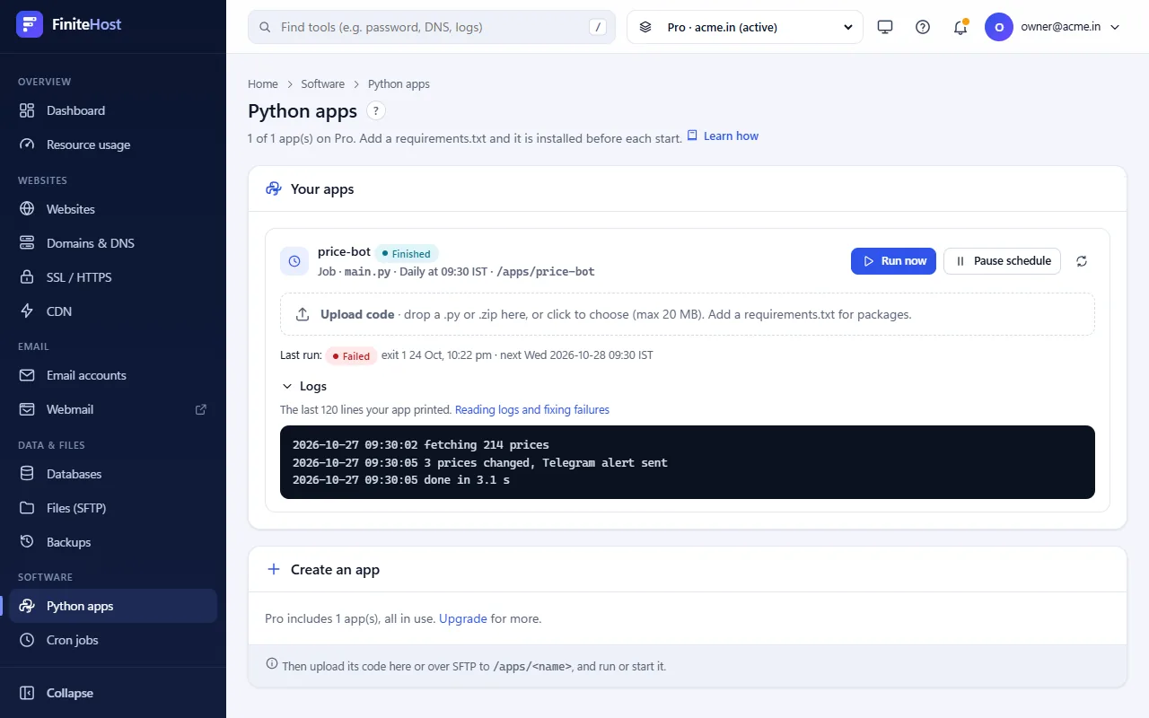 The Python apps page with the price-bot job, its upload box, last run and logs