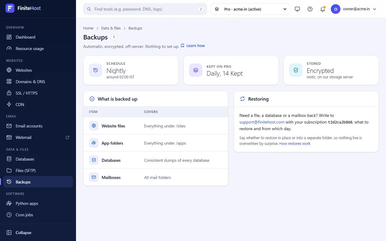 The Backups page: nightly schedule, copies kept on this plan, encrypted storage, what is backed up and how to restore