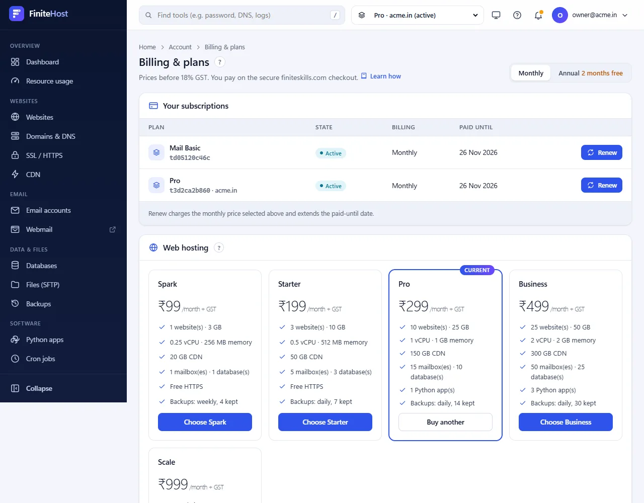 The Billing & plans page with plan cards and the Monthly / Annual switch