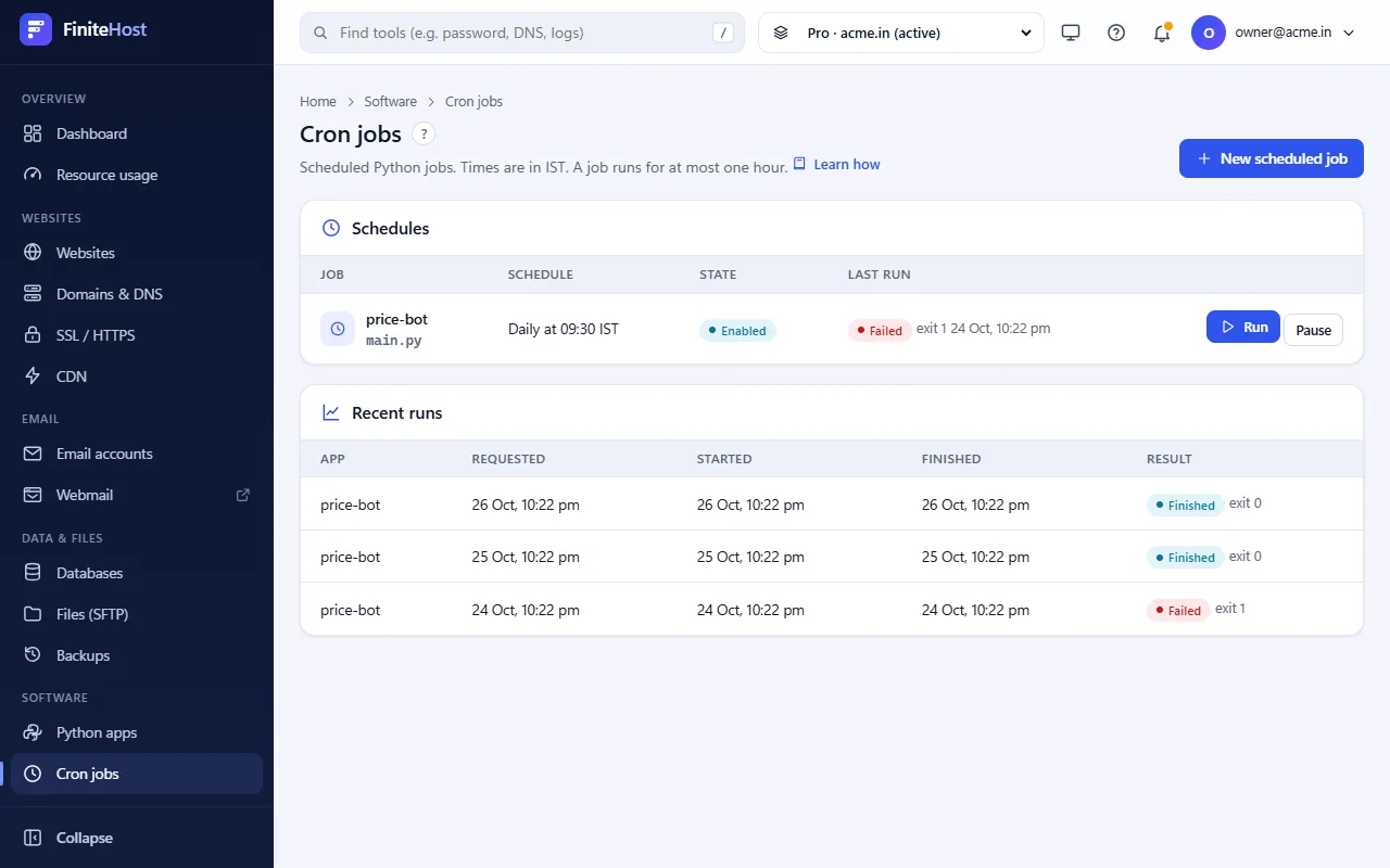 The Cron jobs page: the price-bot schedule and the recent runs table