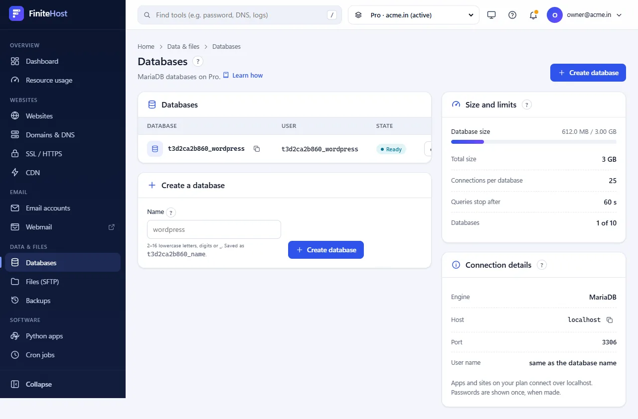 Databases page with the wordpress database ready