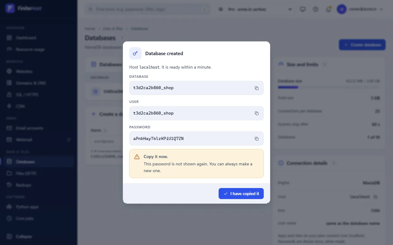 The Database created dialog showing the database name, user and a one-time password