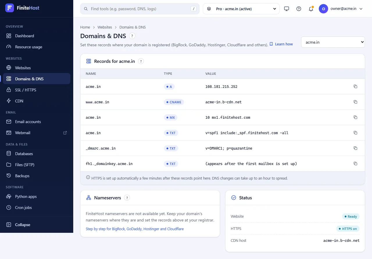 Domains & DNS page showing the A, CNAME and mail records for acme.in