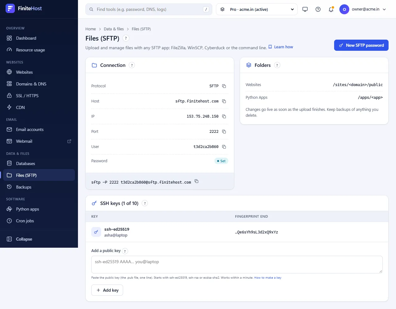 The Files (SFTP) page in the FiniteHost panel, showing the connection details, folders and SSH keys