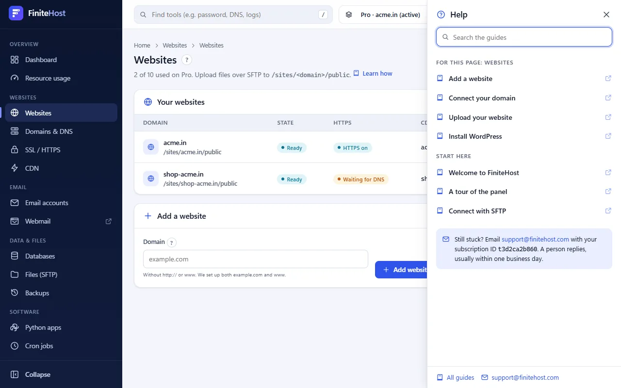 The help panel open over the Dashboard
