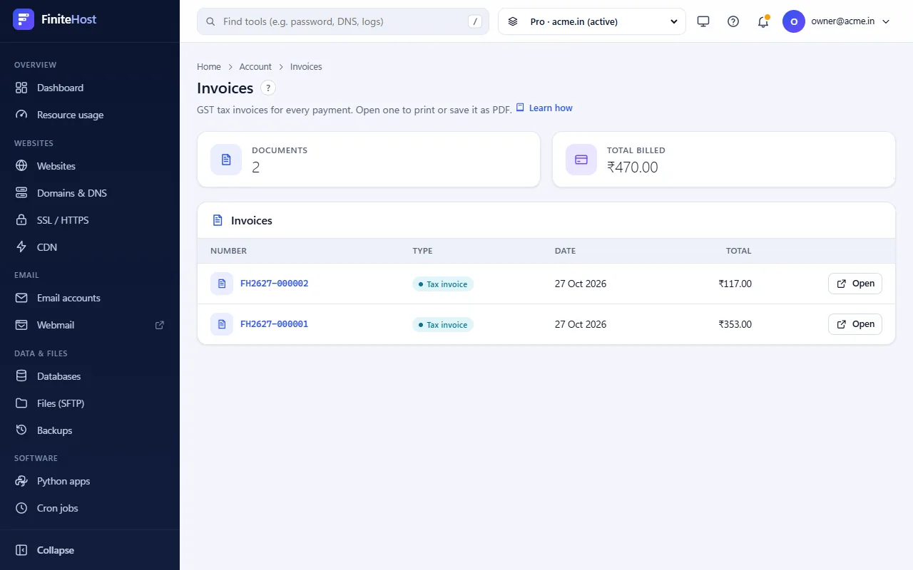 The Invoices page listing tax invoices