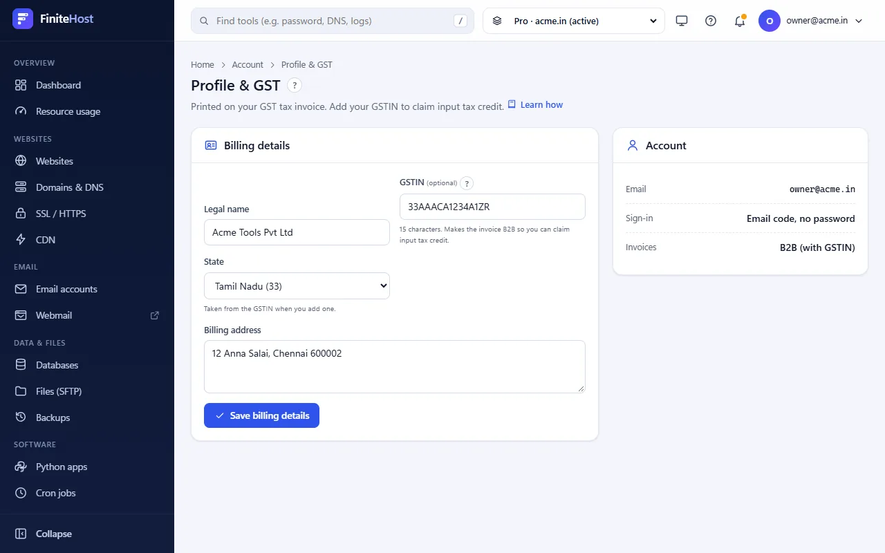 The Profile & GST page with billing details filled in