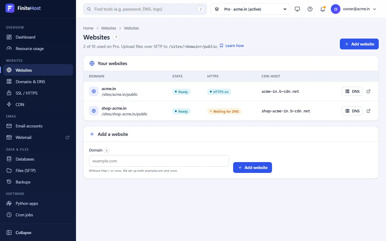 The Websites page with two sites, their HTTPS state and CDN host