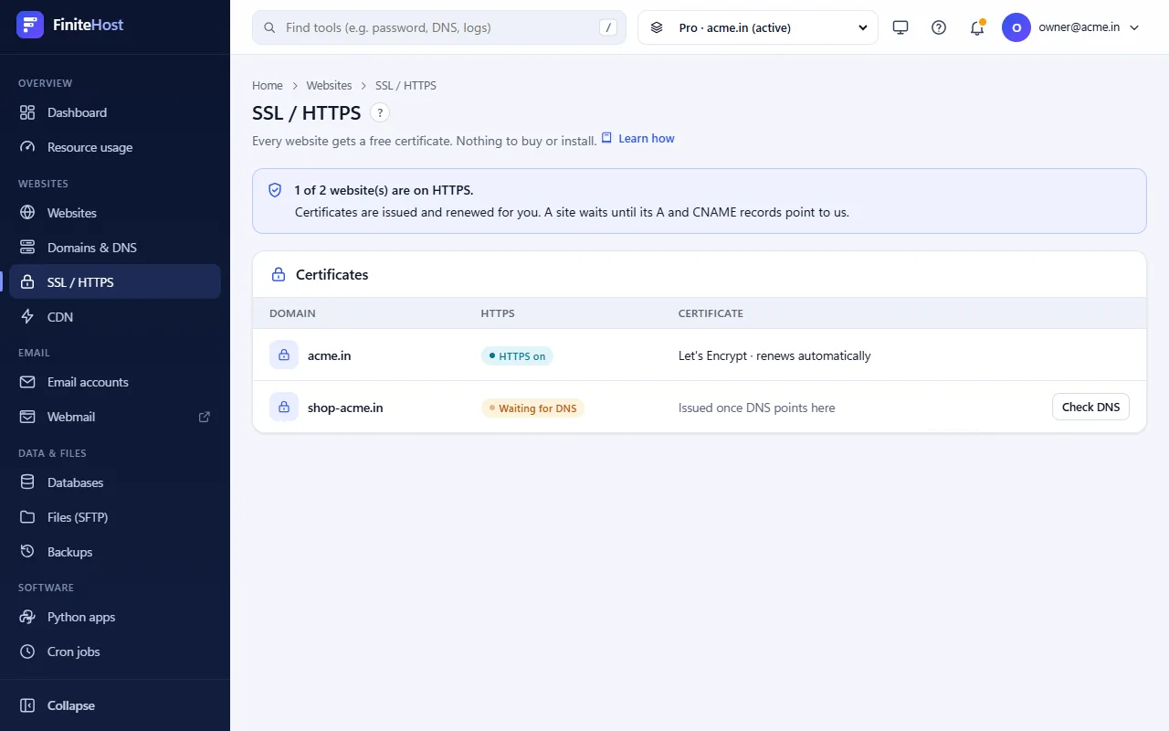 SSL / HTTPS page with one site on HTTPS and one waiting for DNS